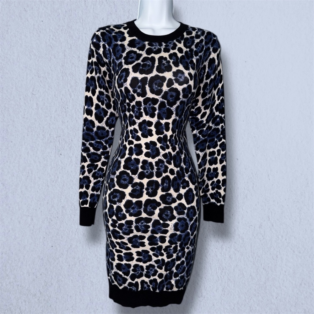 MICHAEL Michael Kors Blue Leopard Print Knit Long Sleeve Sweater Dress